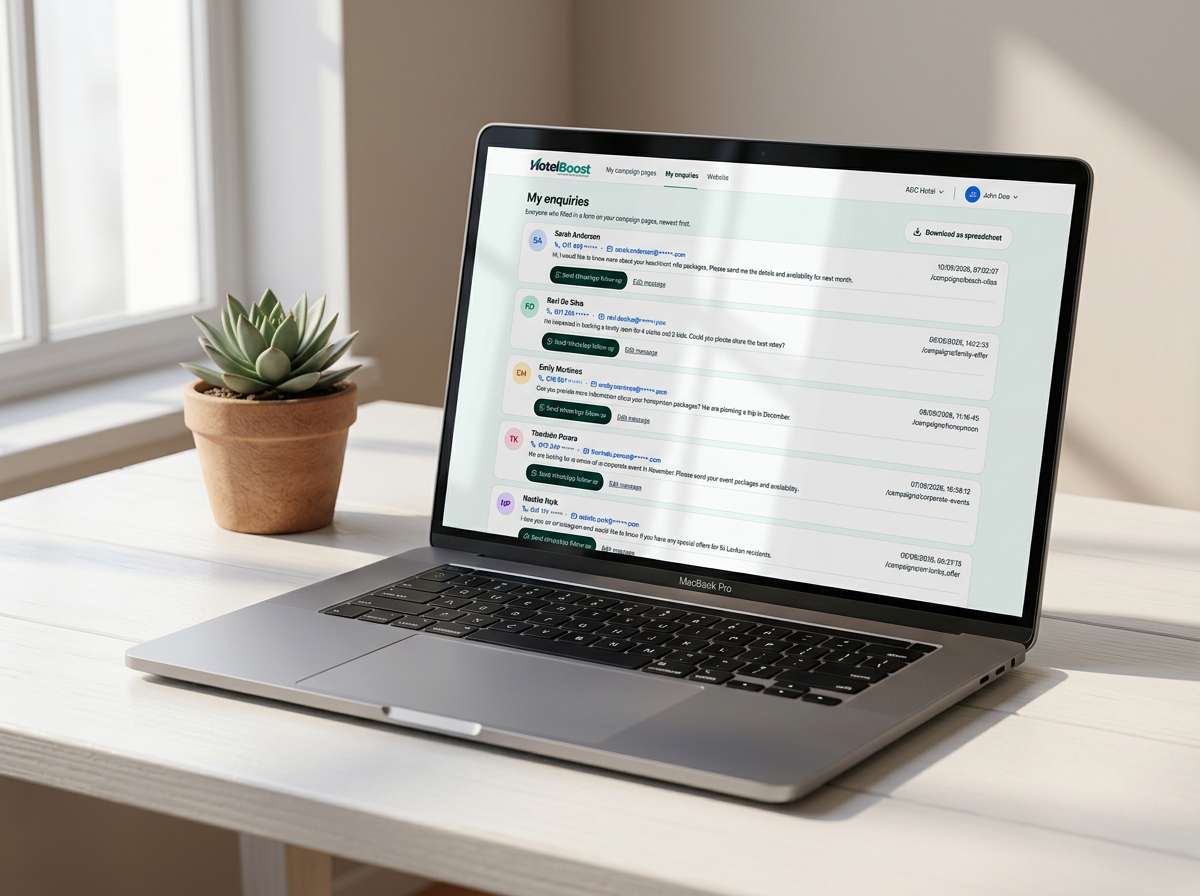 HotelBoost hotel portal showing campaign enquiries and WhatsApp follow-up