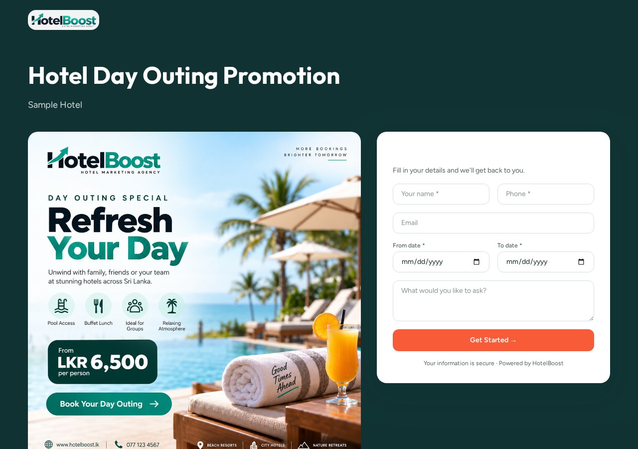 Hotel day outing promotion landing page with offer details and booking enquiry form